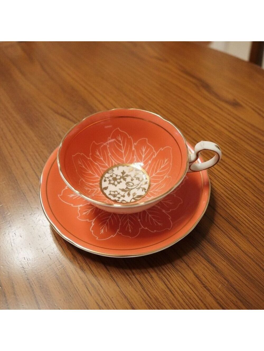 Aynsley England Bone China Tea Cup & Saucer, Orange Gold Leaf, Vintage